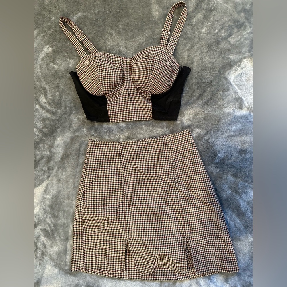 Bebe Plaid Skirt & Blouse. Top is size 0, Skirt is size 00